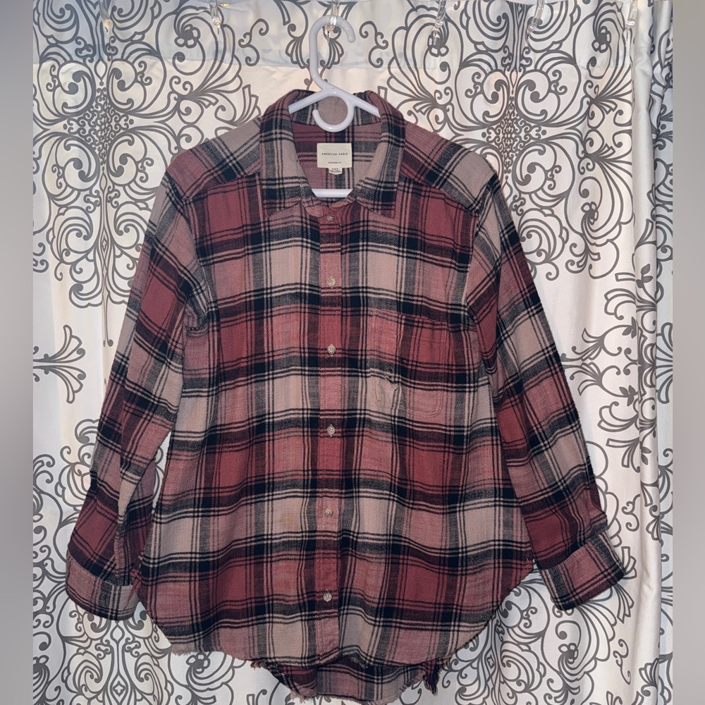 American Eagle Pink and Black Oversized Fit Distressed Flannel Shirt